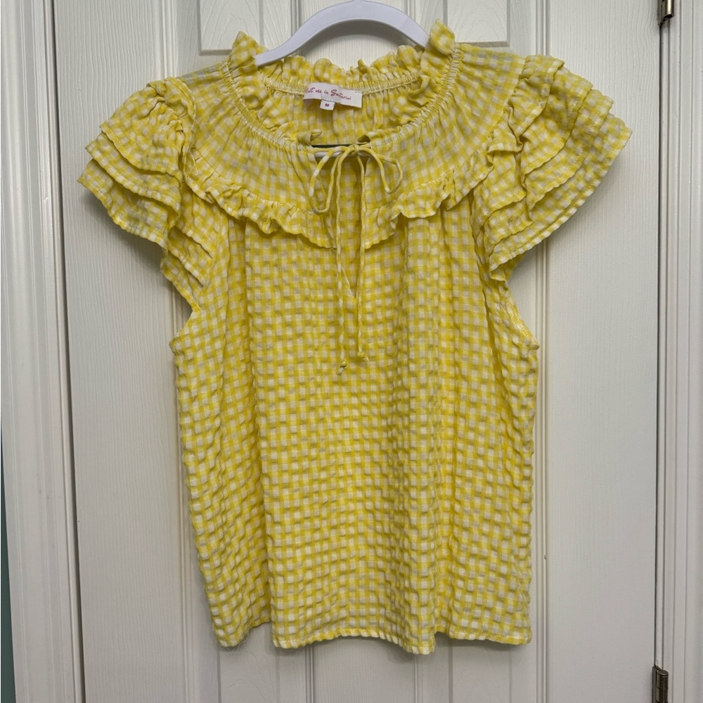 Meet Me In Santorini Yellow Gingham Top Size M Ruffle Tie at neckline